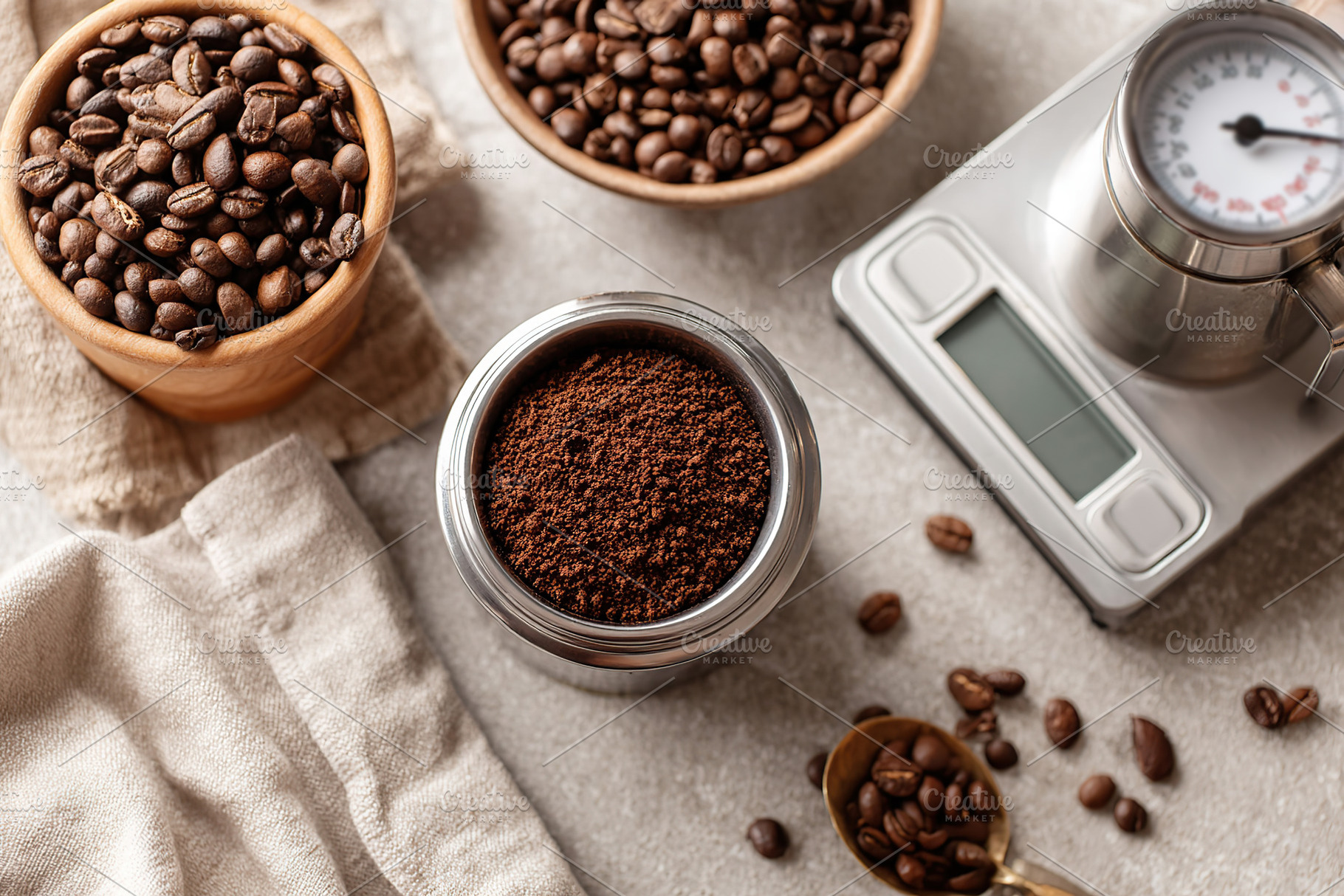 Coffee preparation setup with grinder, scale, and fresh beans ready for brewing, a Food & Drink Photo by AlyaAnd