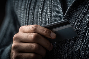 Man holds credit card near clothing, a Photo by Beautiful things