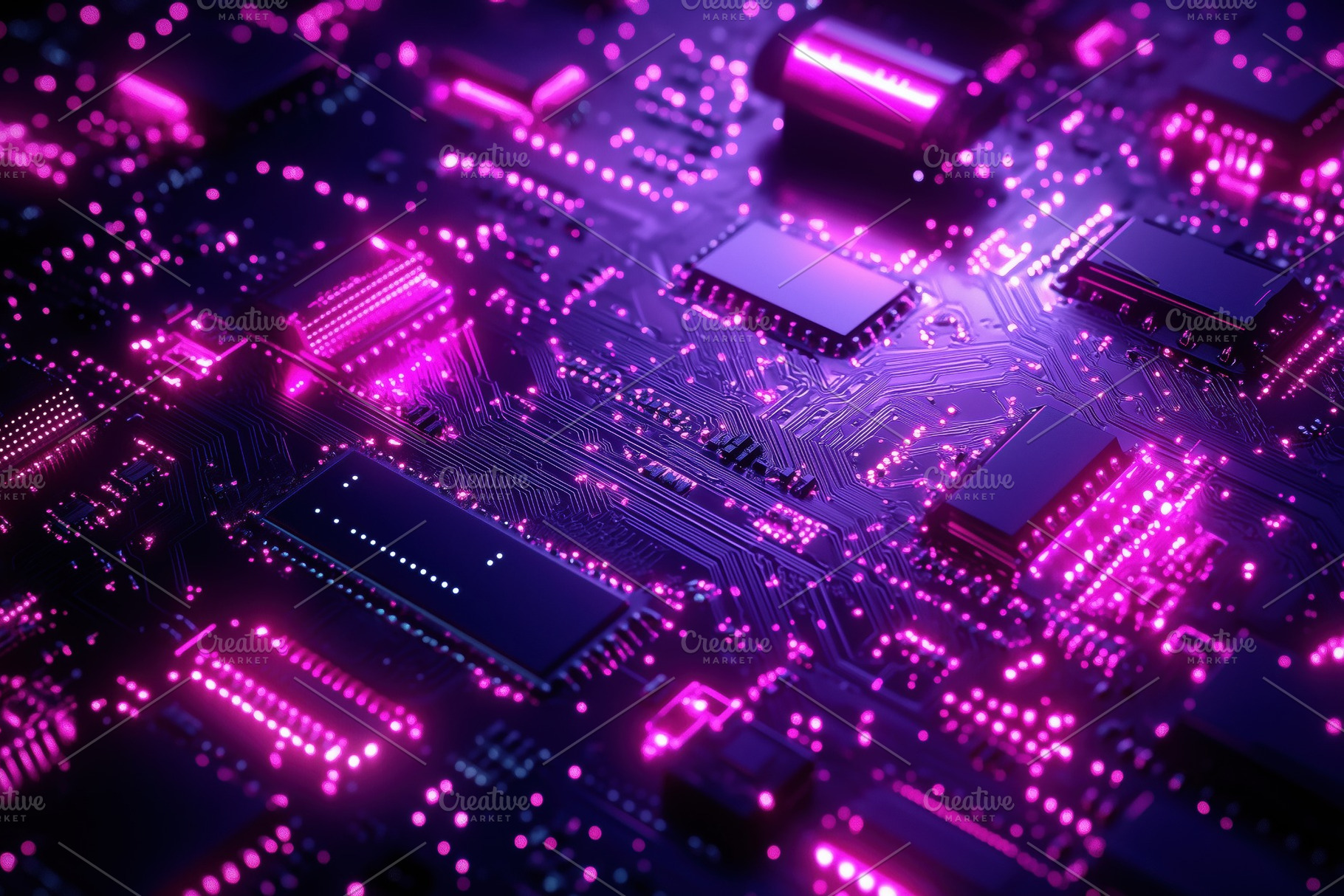 A close-up view of a circuit board with glowing pink and purple lights ...
