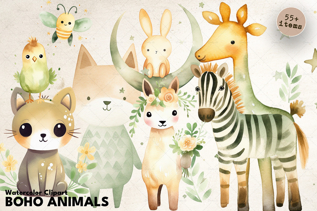 Watercolor Boho Animals, an Animal Illustration by Dazzling Art Boutique (Photo 1 of 5)