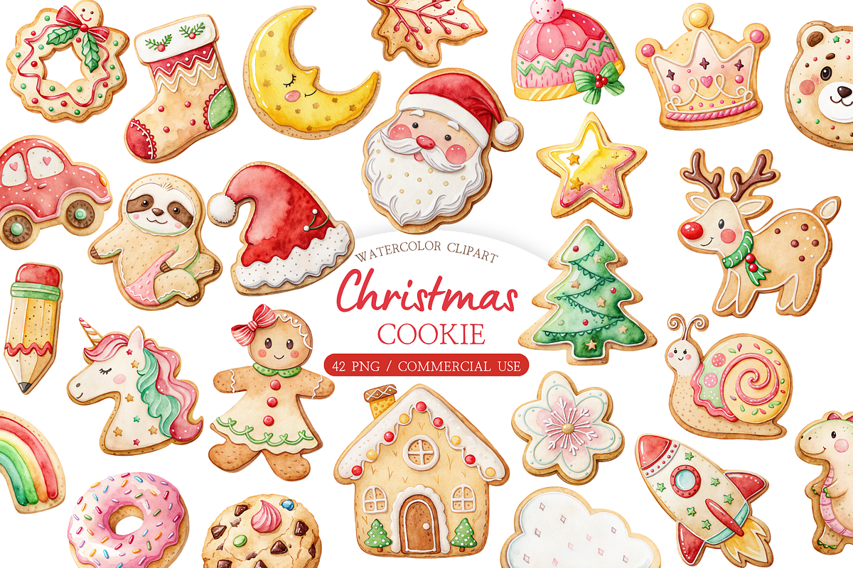 Watercolor Christmas Cookies Clipart, a Food Illustration by MockupWizard (Photo 1 of 5)