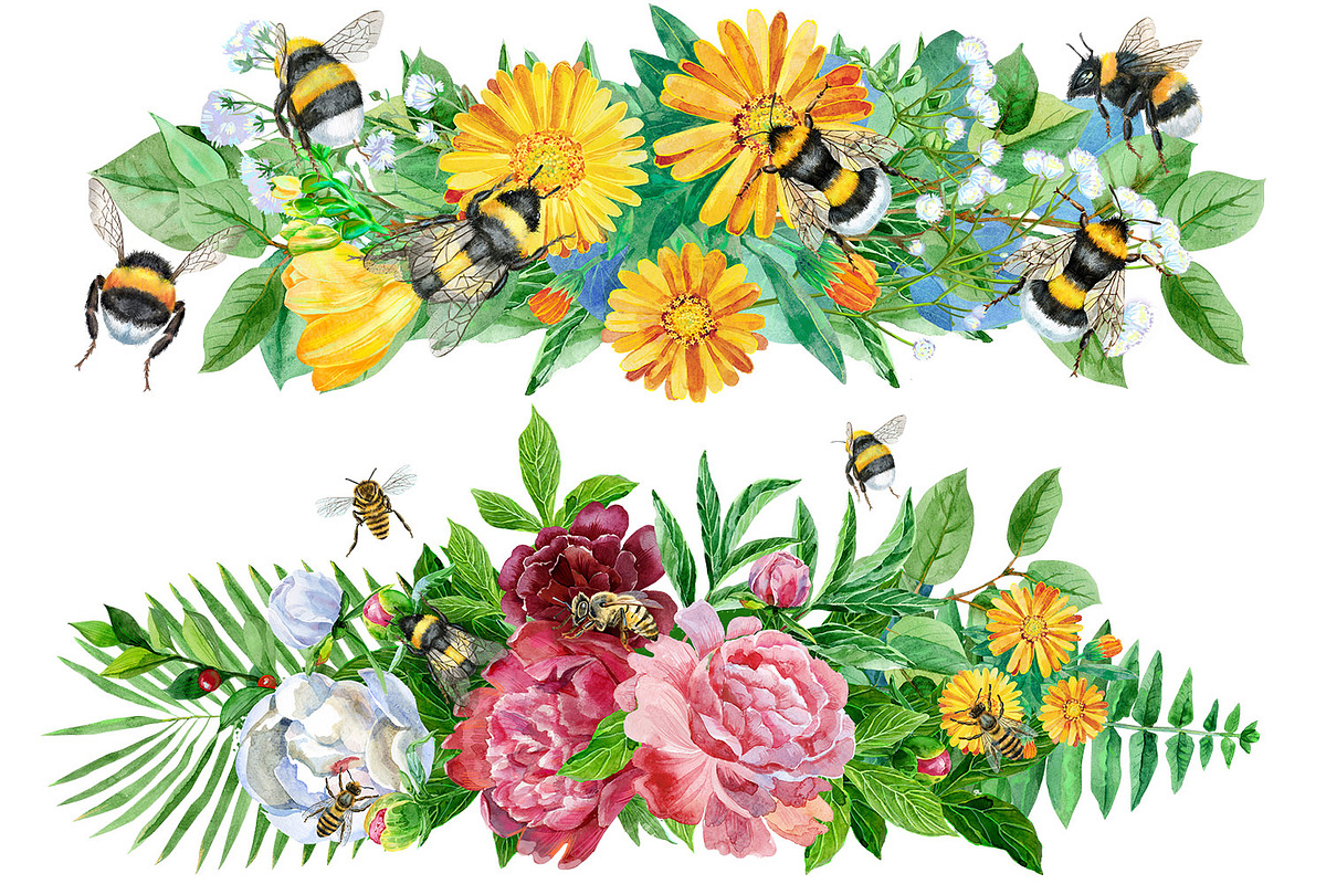 Watercolor bees and bumblebees, an Animal Illustration by Watercolor fantasy (Photo 4 of 4)