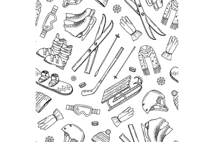 Vector hand drawn winter sports equipment and pattern or background, a Background Graphic by Onyx
