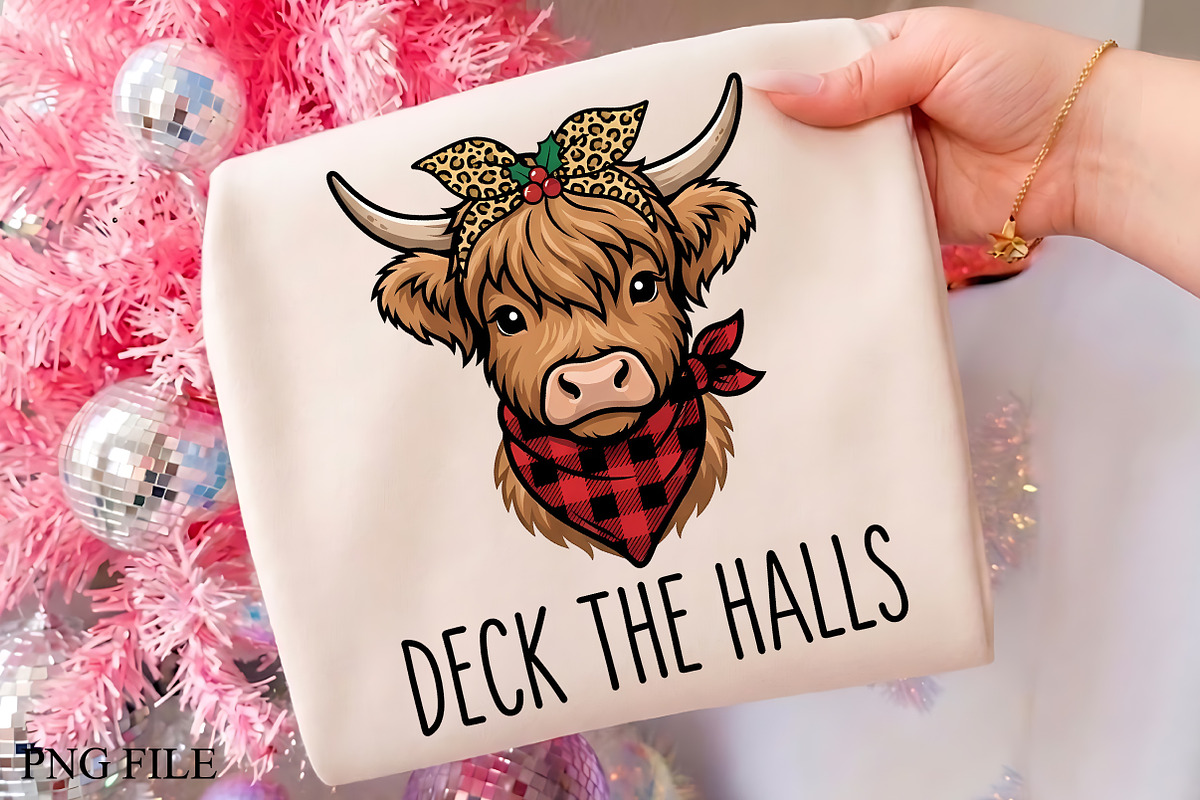 Deck The Halls Highland Cow PNG Art, a Seasonal Illustration by CrexoraLab (Photo 1 of 4)