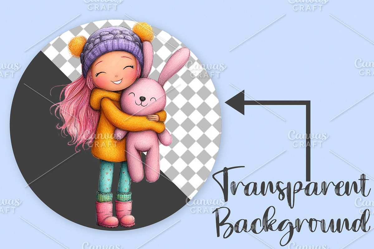 Quirky Girl With Teddy Bunny Clipart, an Illustration by Canvas Craft (Photo 2 of 7)