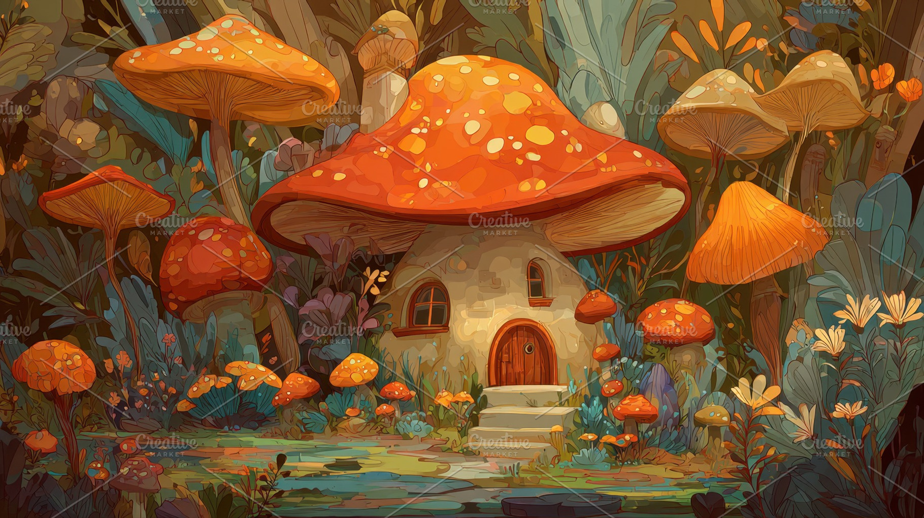 Little house among big mushrooms, a Photo by Beautiful things