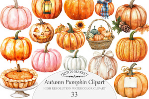 Watercolor Autumn Pumpkin Clipart, an Illustration by Design Market
