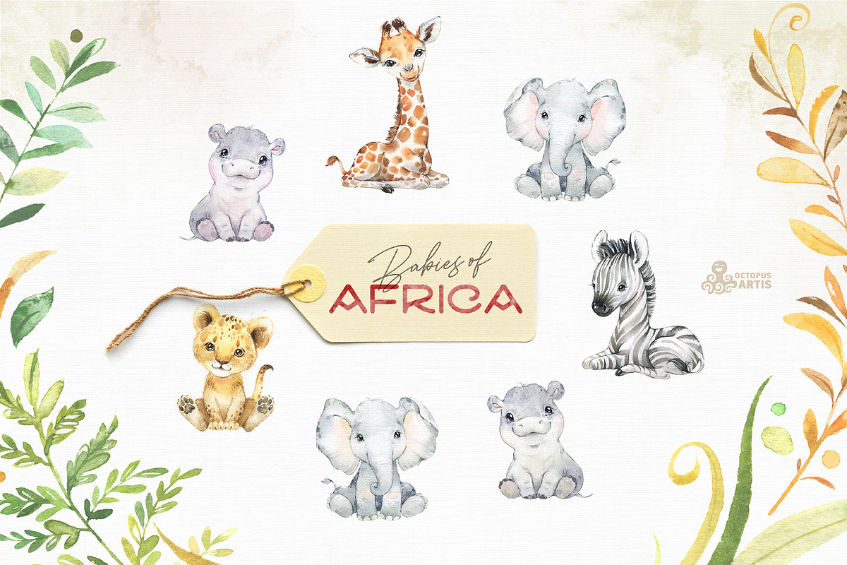 Babies of Africa. Watercolor Set, an Animal Illustration by OctopusArtis (Photo 2 of 6)