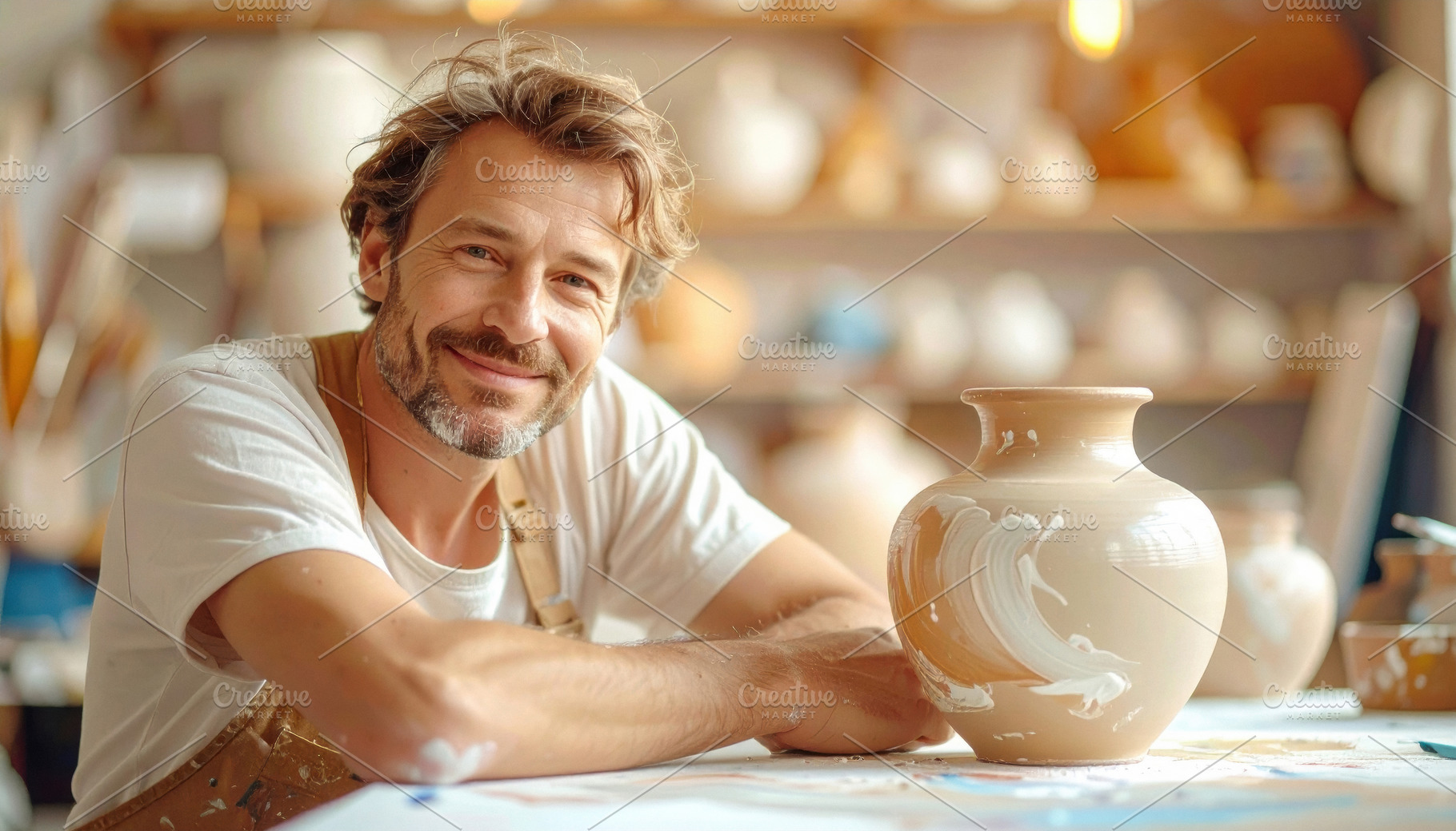 Smiling Middle-Aged Caucasian Potter in Studio, an Arts & Entertainment Photo by Davizro's Market