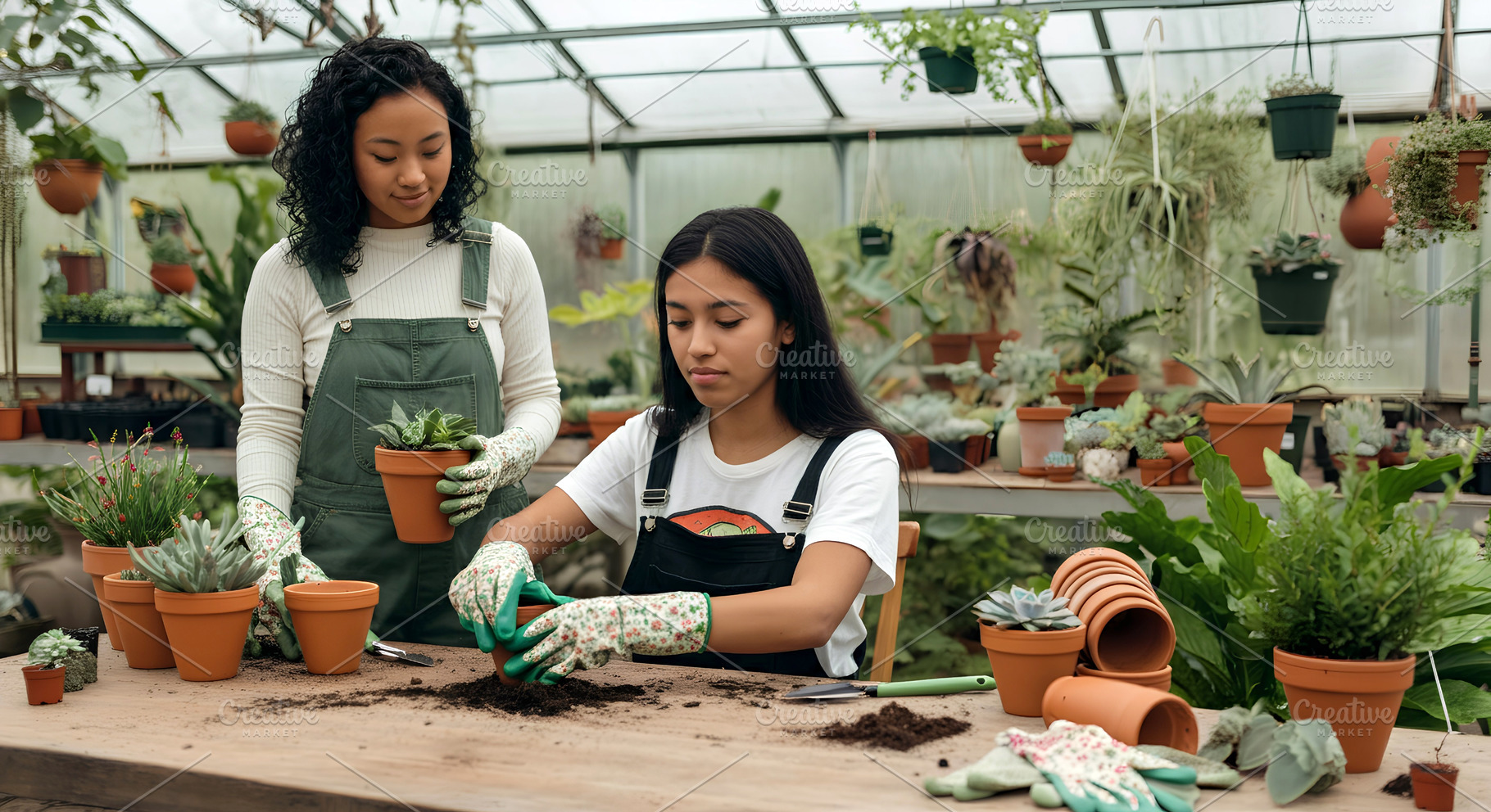 Two Women Repotting Plants in Greenh, a Nature Photo by Stock Shape