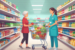 Supermarket worker helping woman, a Photo by DanFLCreativo
