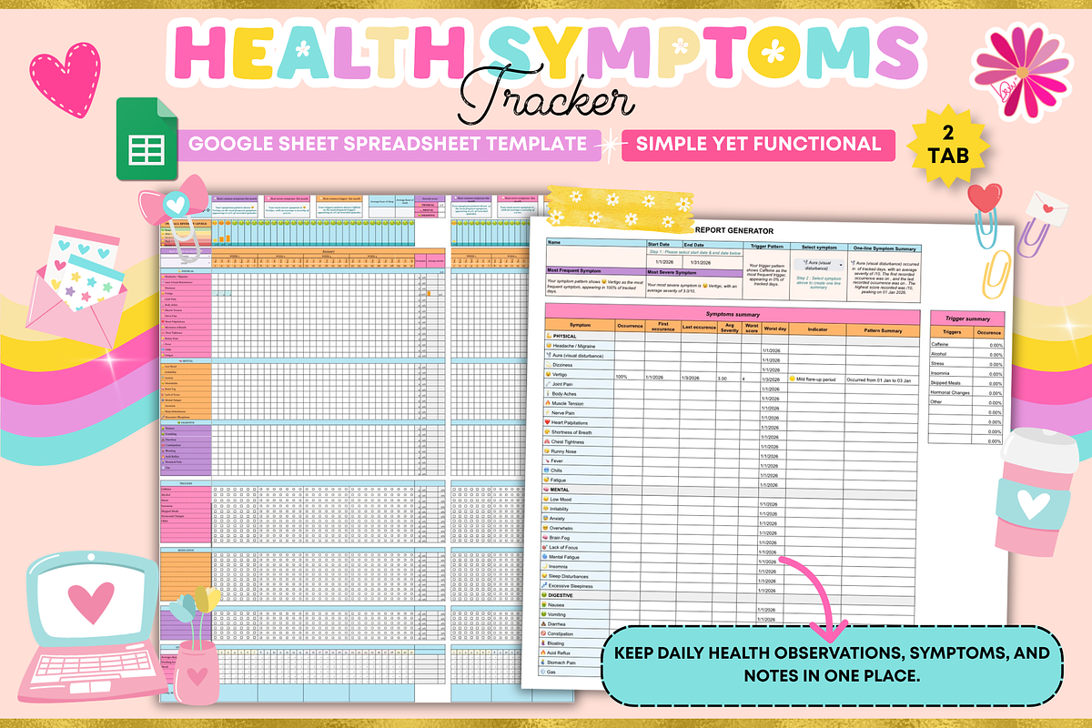 Health Symptoms Tracker Google Sheet, a Stationery Template by bellaROSEworkshop (Photo 1 of 5)