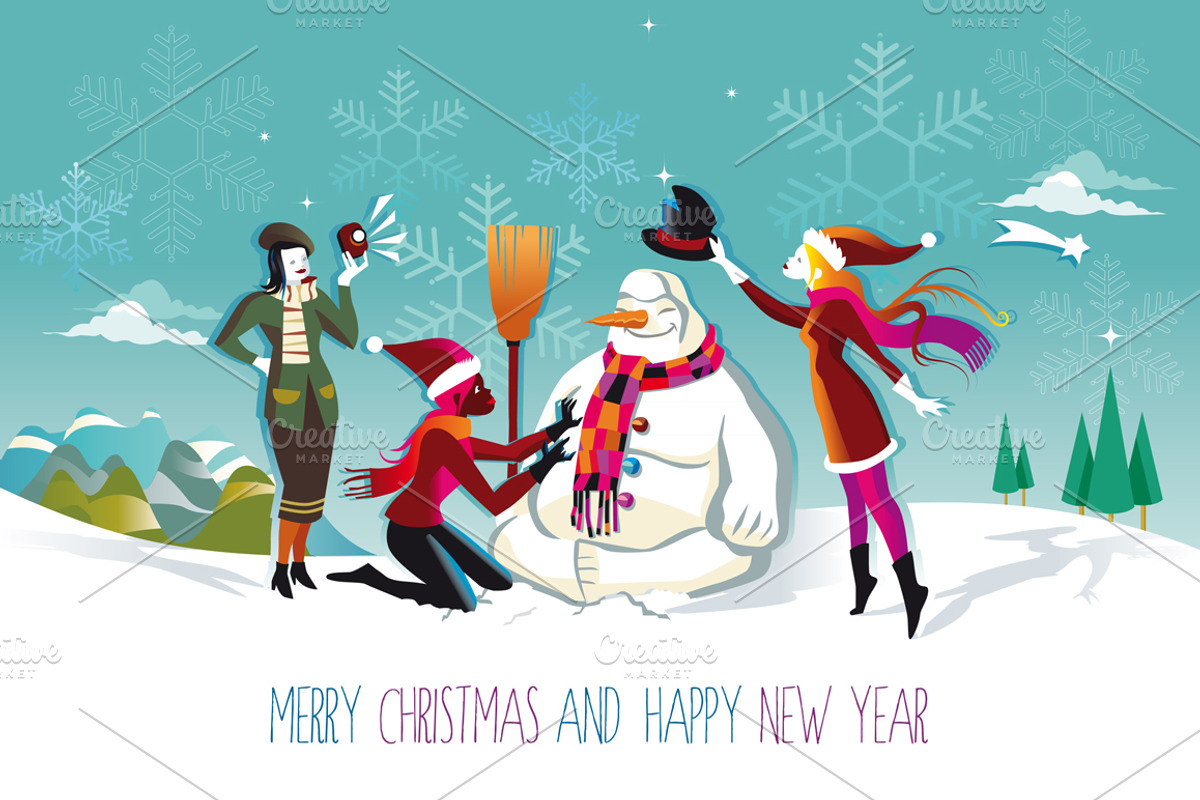 Snowman and three girls, an Illustration by ÁRTICA
