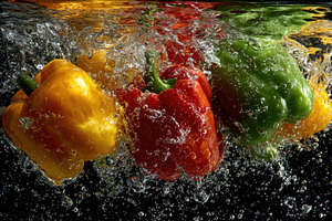 Colorful bell peppers splash, a Photo by Pavel_design