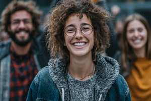 Happy young people smiling together in an outdoor setting, a Photo by AS photostudio