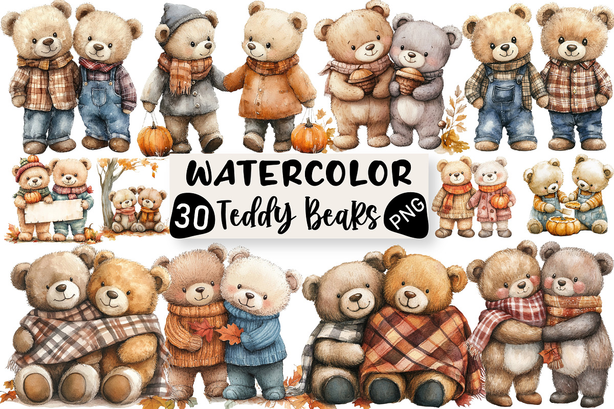Fall Teddy Bears Couple Clipart, an Illustration by Black Bird Studio (Photo 1 of 6)