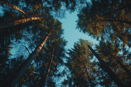 Tall trees reach towards the sky in, a Photo by Tanuart