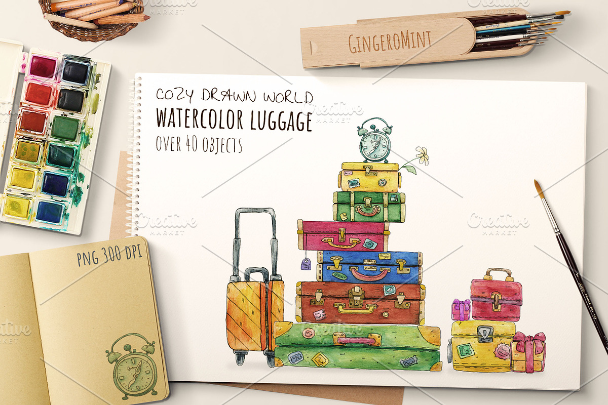 Watercolor Retro Luggage, an Object Graphic by Kitiri Space (Photo 1 of 5)
