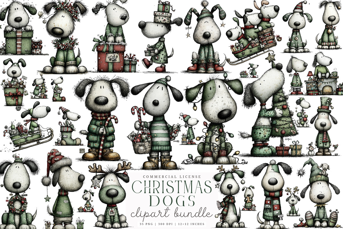 Whimsical Christmas Dogs Clipart, an Illustration by SinaCreation (Photo 1 of 7)