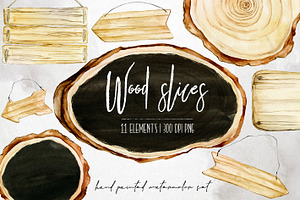 11 Watercolor Wood Slices Clipart