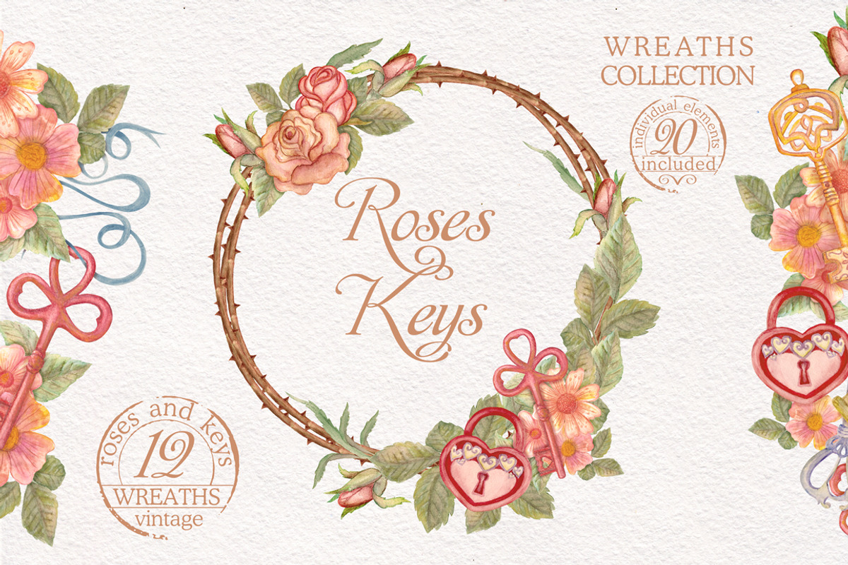 Watercolor wreaths set. Roses & keys, an Illustration by antuanetto (Photo 1 of 6)