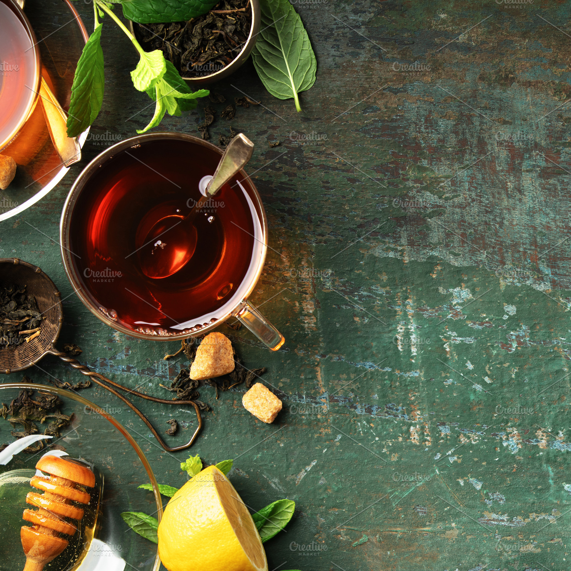 Herbal Tea with Lemon, Ginger, Mint, and Honey on Rustic Backgro, a Food & Drink Photo by Natalia Klenova's Shop