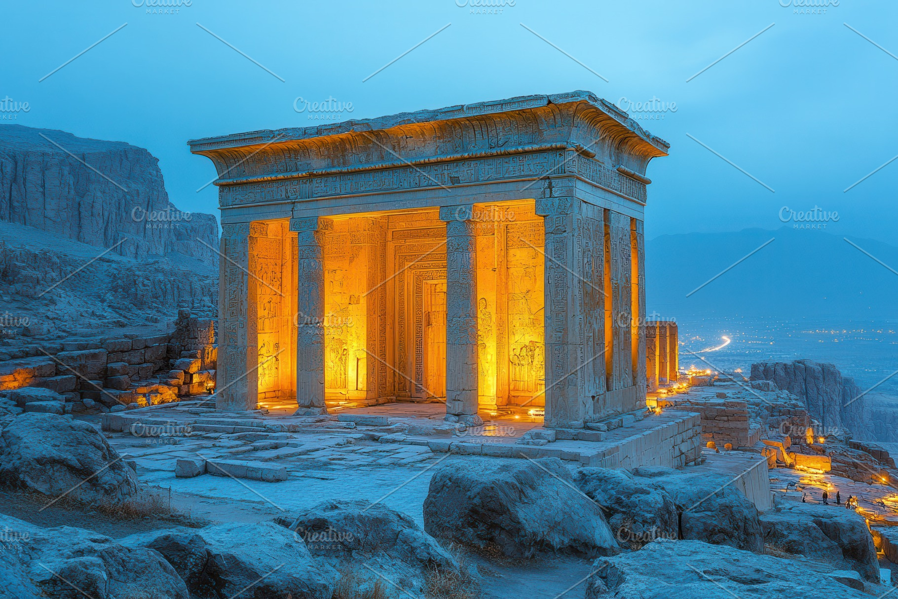 Lighting of an ancient temple at dus, a Photo by Tanuart
