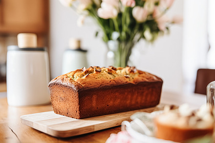 Banana bread in English country cottage, home decor and flowers,, a Food & Drink Photo by Anneleven