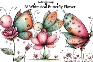 Whimsical Butterfly Flower Clipart, an Illustration by Watercolor design