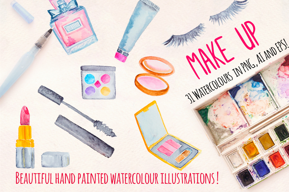 Makeup Cosmetics Watercolor Kit, an Object Illustration by Violet LeBeaux (Photo 2 of 3)