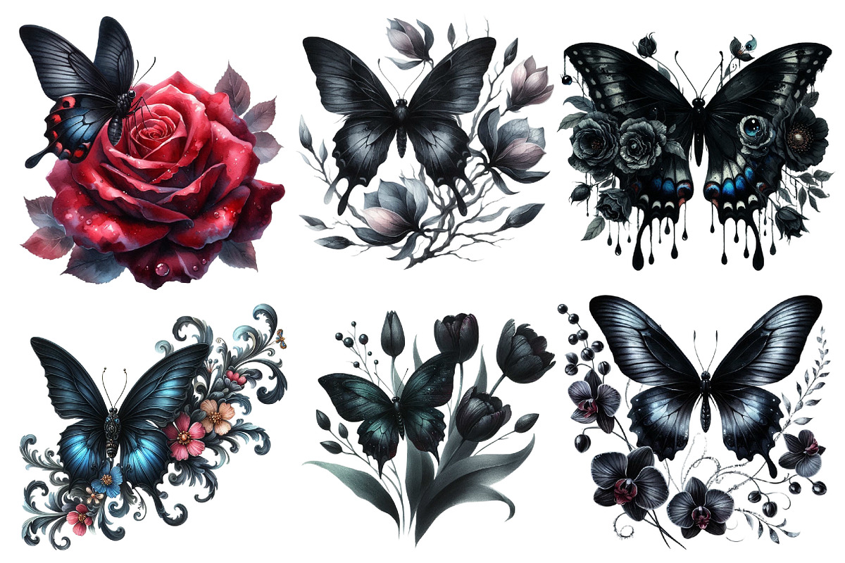 Black Butterfly Watercolor Clipart, an Illustration by Designworld (Photo 2 of 6)