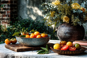 Yellow tomatoes in bowl garden setti, a Photo by Pixeness Studio