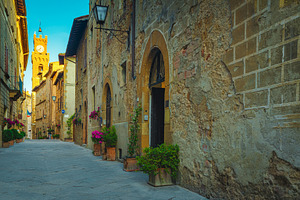 Paved narrow street in Pienza, Italy, an Architecture Photo by Alpine Dreams