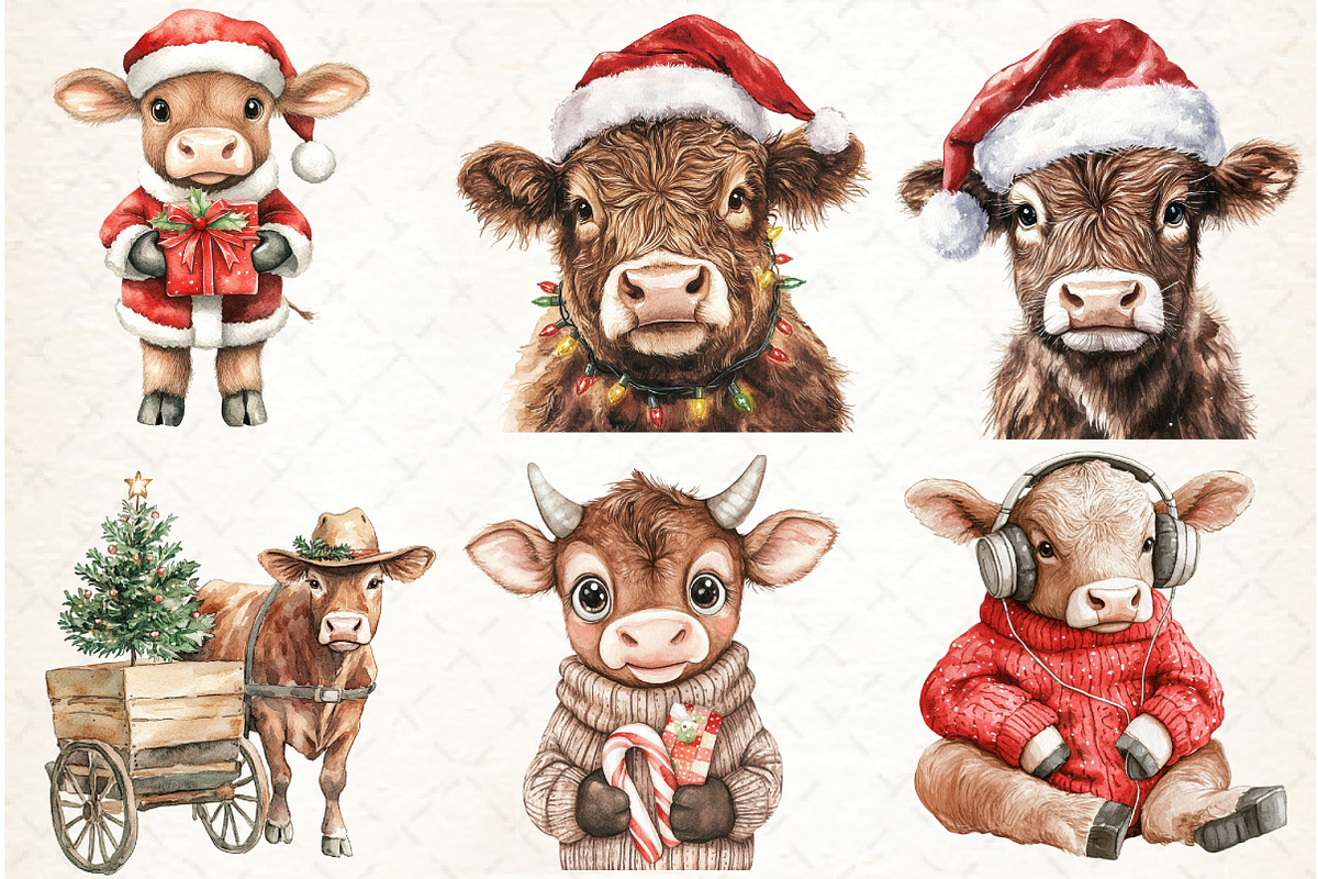 Christmas Highland Cow Clipart Bundl, an Illustration by Libby Wishes (Photo 3 of 7)