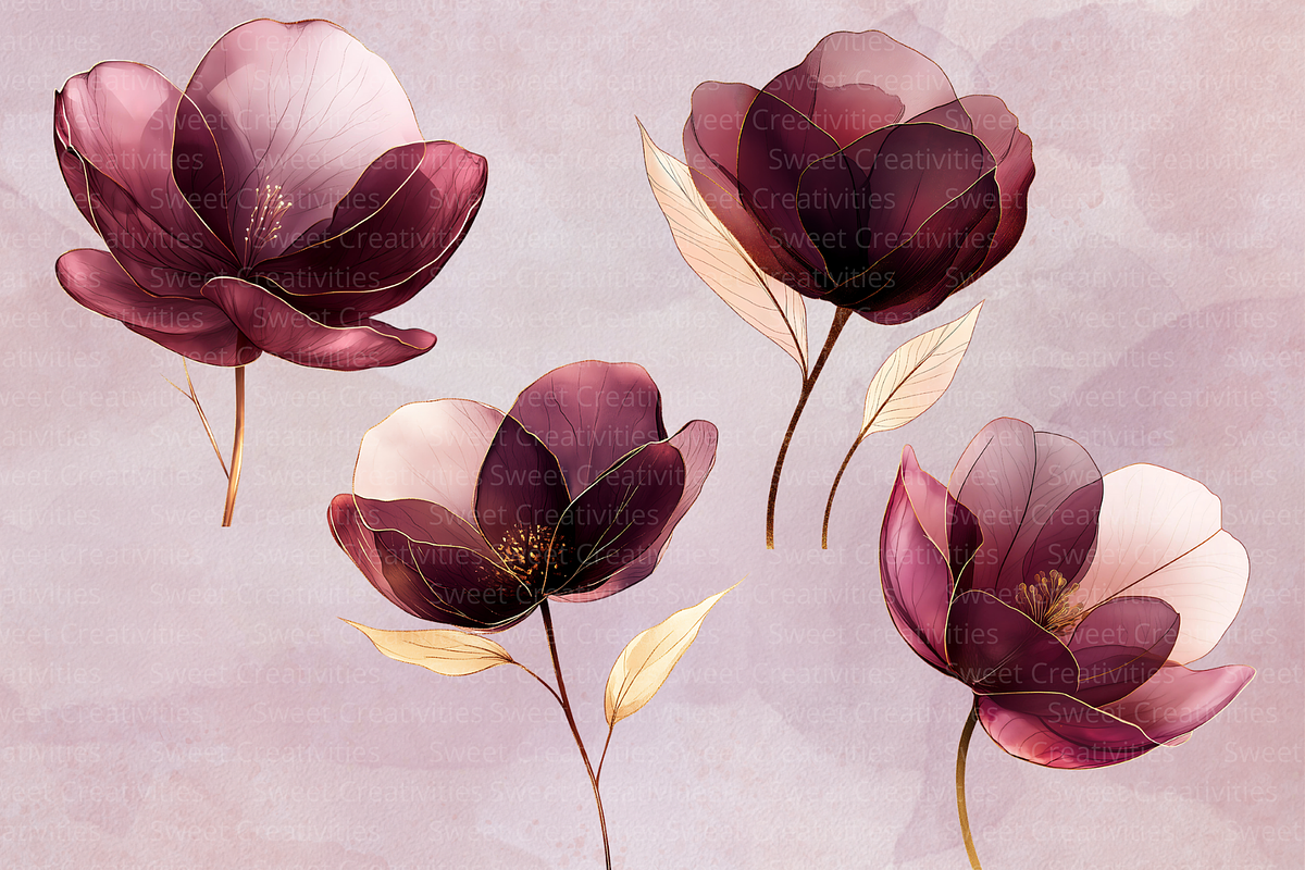 Burgundy Flowers Abstract Clipart, an Illustration by Douce Créativité (Photo 4 of 9)