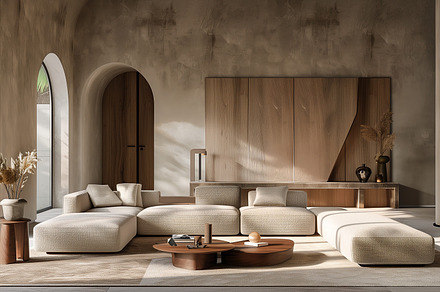Minimalistic beige sofa in modern, an Architecture Photo by MistyDay