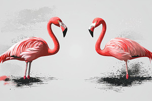 Two artistic flamingos facing each other on textured grunge back, an Animal Photo by José Manuel Gelpi