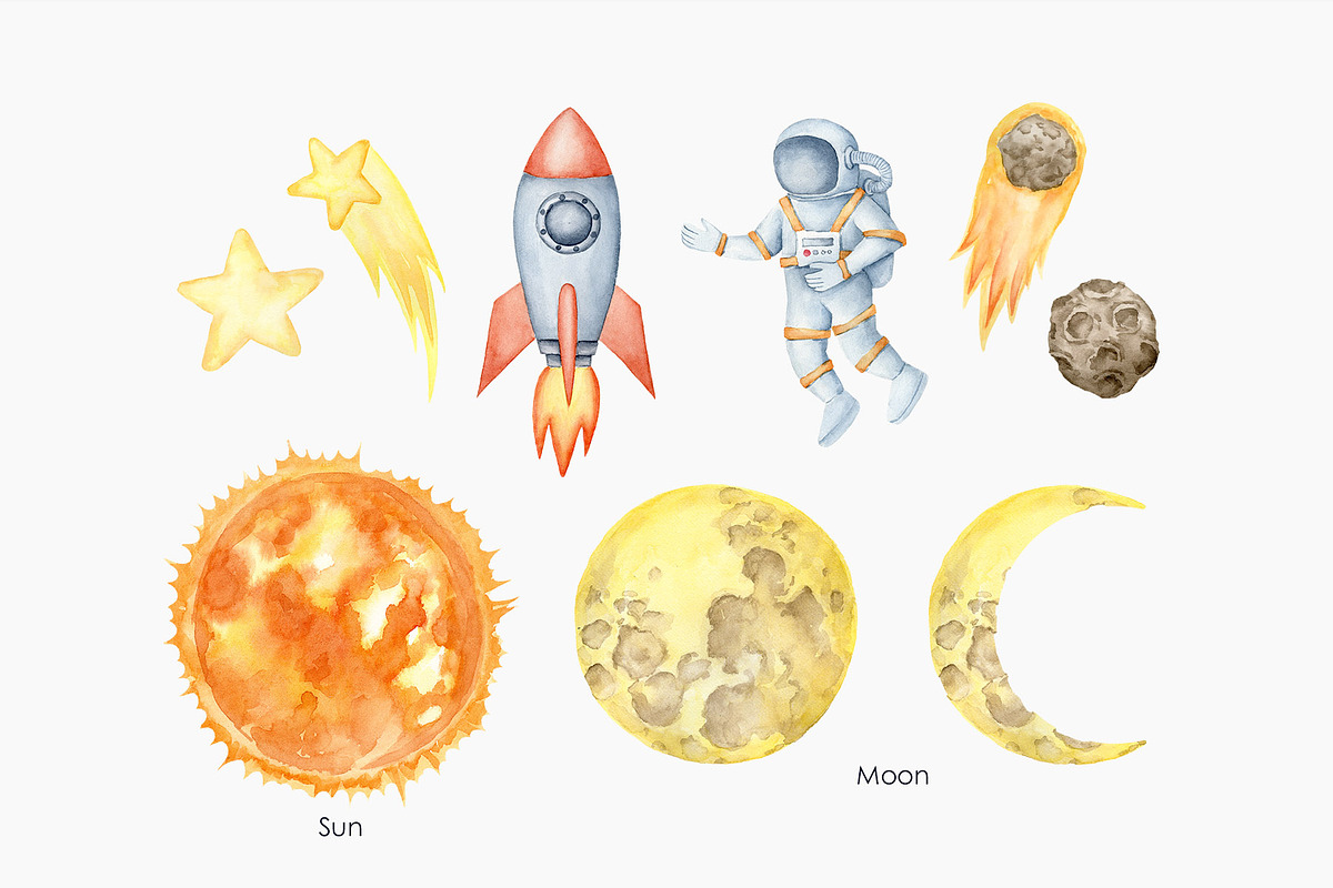 Watercolor celestial bodies clipart, an Illustration by AquarelleSpace (Photo 3 of 5)