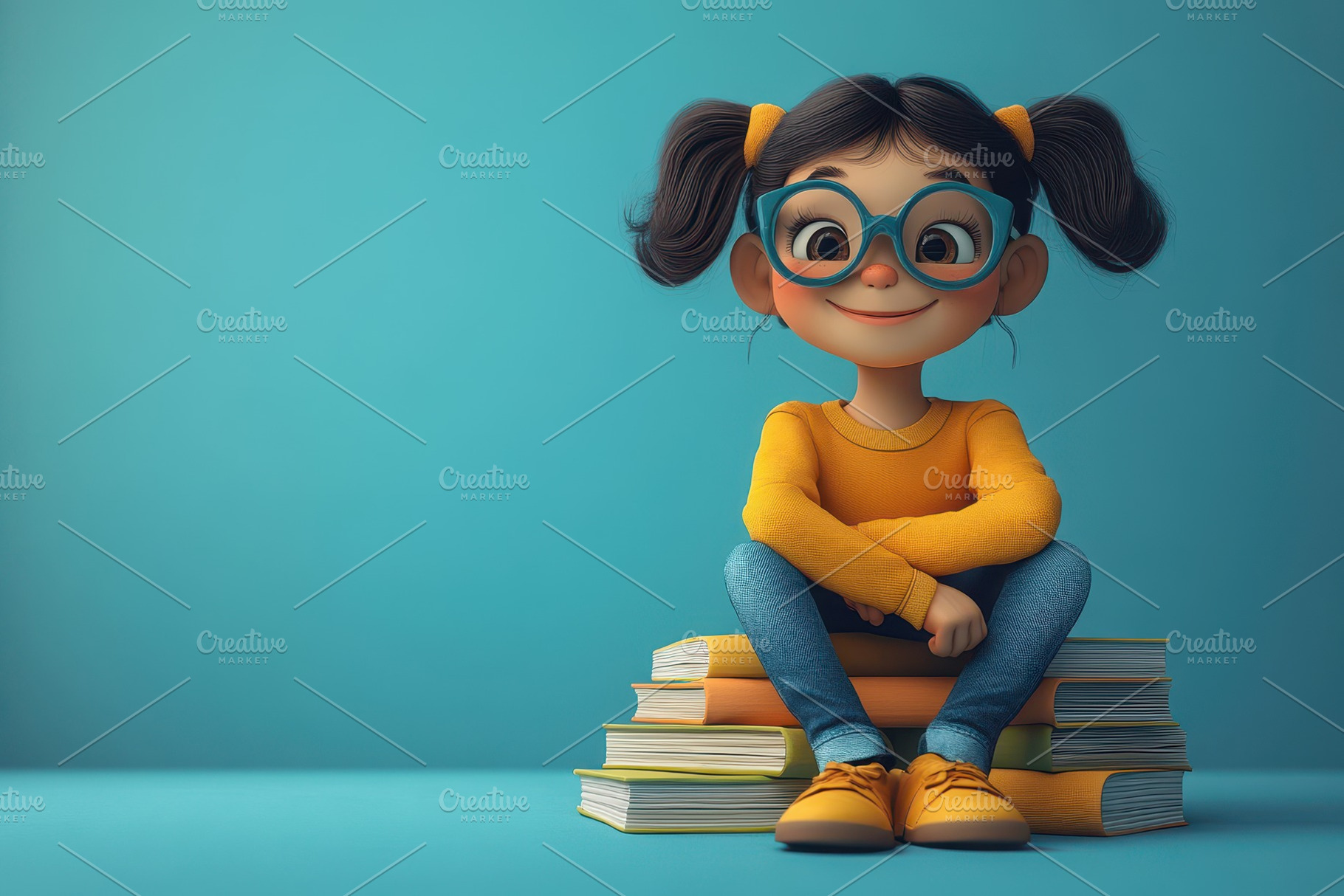 Cheerful girl in glasses sits on col, a Photo by Tanuart