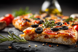 Slice of pizza topped with melted, a Food & Drink Photo by MistyDay