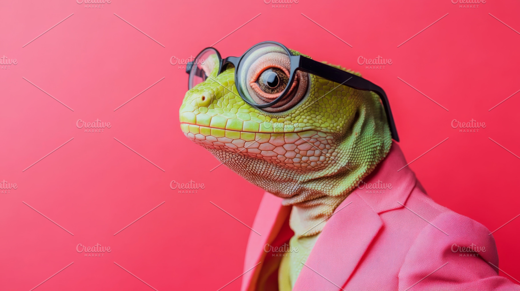 Green lizard in pink suit and glasses, bold and stylish, an Abstract Photo by Natalia Klenova's Shop