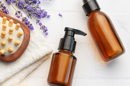 Lavender spa. Lavender salt, natural essential oil, massage brus, a Health & Medical Photo by Olena Rudo