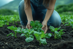 Farmer planting a plant on a field, early spring time, a Nature Photo by AlyaAnd