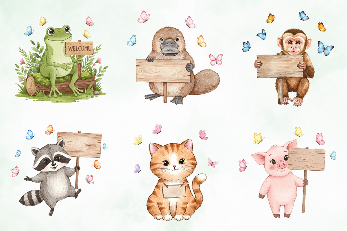 Watercolor Animal Holding A Sign Png, an Illustration by Creative Art (Photo 6 of 10)