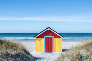 Colorful shed on a tranquil beach wi, a Photo by Iftikhar Alam