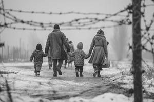 Refugee family walks through a snowy, a Person Photo by MistyDay