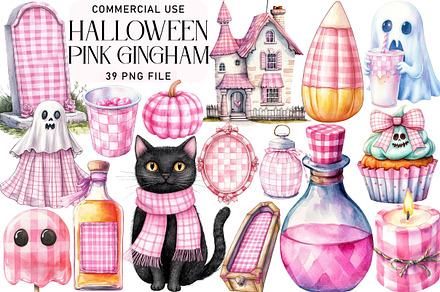 Watercolor Pink Gingham Halloween