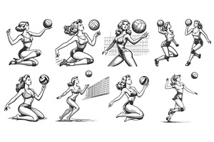 Pin-Up Women Playing Volleyball, a Person Illustration by AlexArt