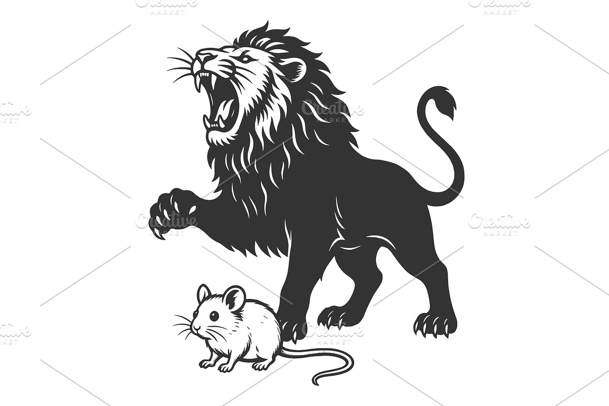 Roaring Lion Dominating Small Mouse, an Animal Illustration by AlexArt