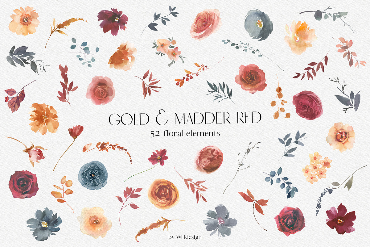 Gold & Madder Red Watercolor Flowers, an Illustration by whiteheartdesign (Photo 5 of 9)